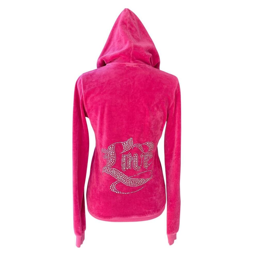 Vintage Ankh Y2K Hoodie Pink Velour Rhinestone Track Jacket Zip Up USA Bling
